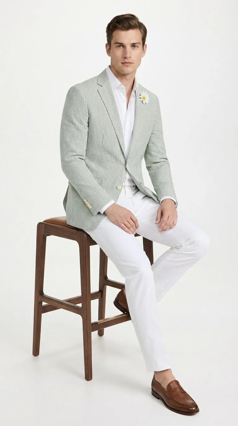 Mens Sage Green Seersucker Blazer – Lightweight Striped Summer Sport Coat Casual Smart Formal Jacket sold by Alberto Nardoni product image thumbnail 5