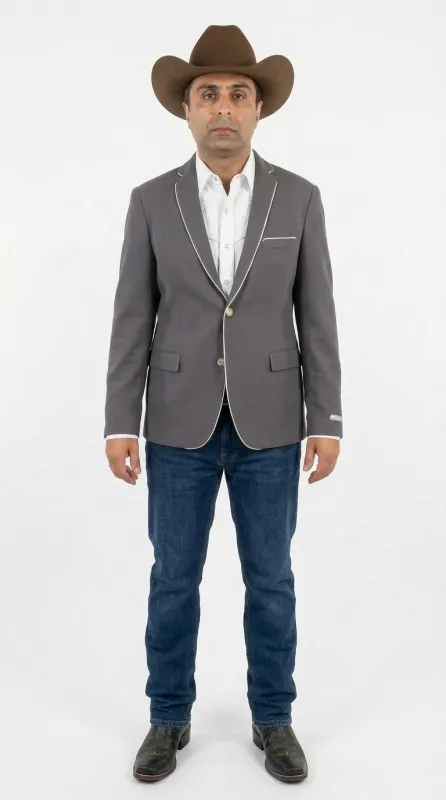 Mens Grey and White Trim Western Blazer – Classic Fit Cowboy Style Contrast Trim Dress Jacket made by Alberto Nardoni