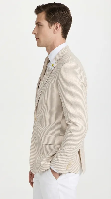 Mens Beige Seersucker Blazer – Lightweight Striped Summer Sport Coat Casual Smart Formal Jacket made by Alberto Nardoni