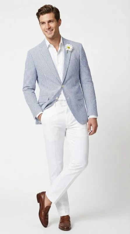 Mens Blue Seersucker Blazer – Lightweight Striped Summer Sport Coat Casual Smart Formal Jacket made by Alberto Nardoni