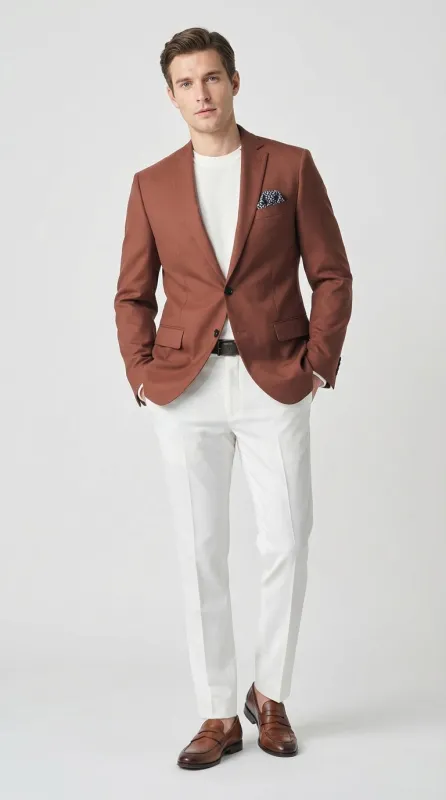 Mens Rustic Brown Light Burnt Orange Copper Blazer – Classic Fit Single Breasted Formal Casual Dress Jacket made by Alberto Nardoni