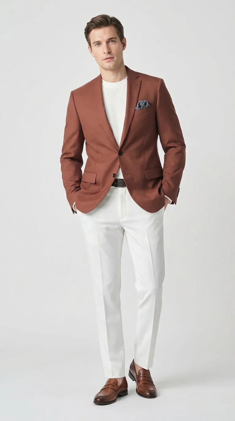 Mens Rustic Brown Light Burnt Orange Copper Blazer – Classic Fit Single Breasted Formal Casual Dress Jacket sold by Alberto Nardoni