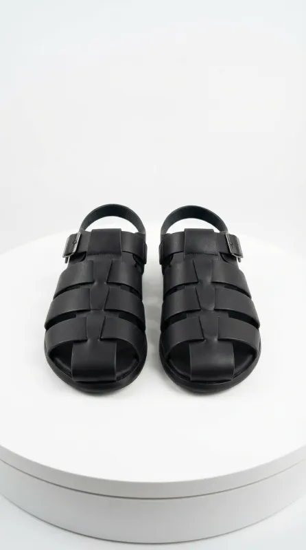 Mens Black Leather Sandals – Buckle Strap Casual Summer Shoes Breathable Open Toe Comfort Footwear made by Alberto Nardoni