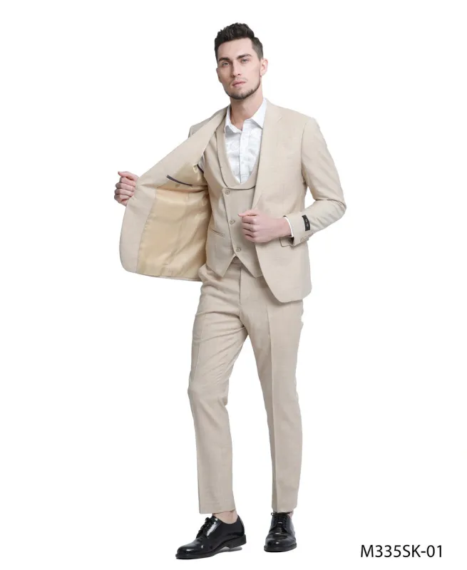 Mens Sand Beige 3 Piece Suit – Double breasted Vest Formal Suit Set  and Dress Pants in Champaign Natural Summer Color made by Alberto Nardoni