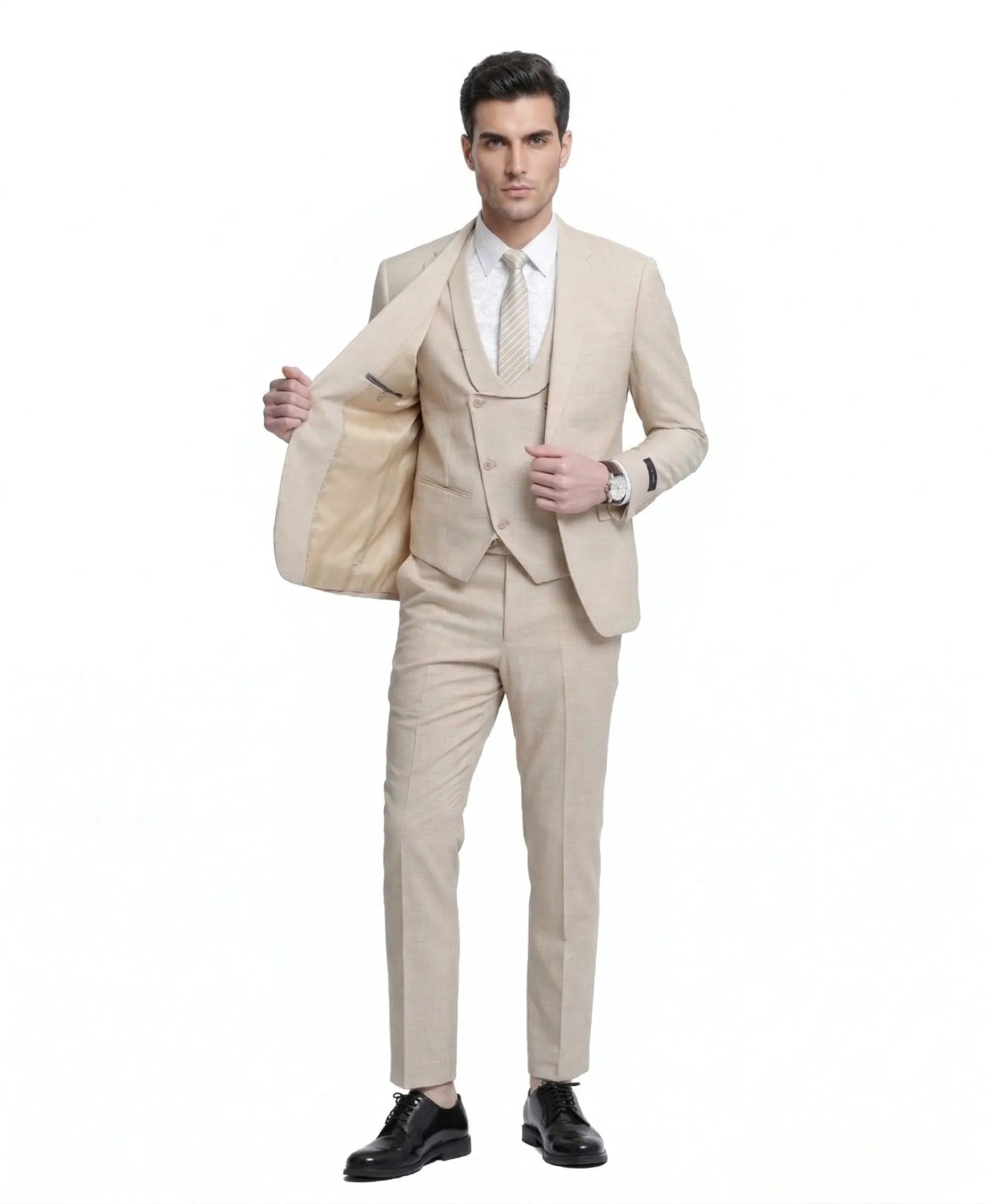 Mens Sand Beige 3 Piece Suit – Double breasted Vest Formal Suit Set and Dress Pants in Champaign Natural Summer Color sold by Alberto Nardoni product image thumbnail 2