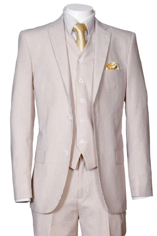 "Seersucker Summer Suit for Men - Tan, 2 Button Jacket + Pants Style" made by Alberto Nardoni