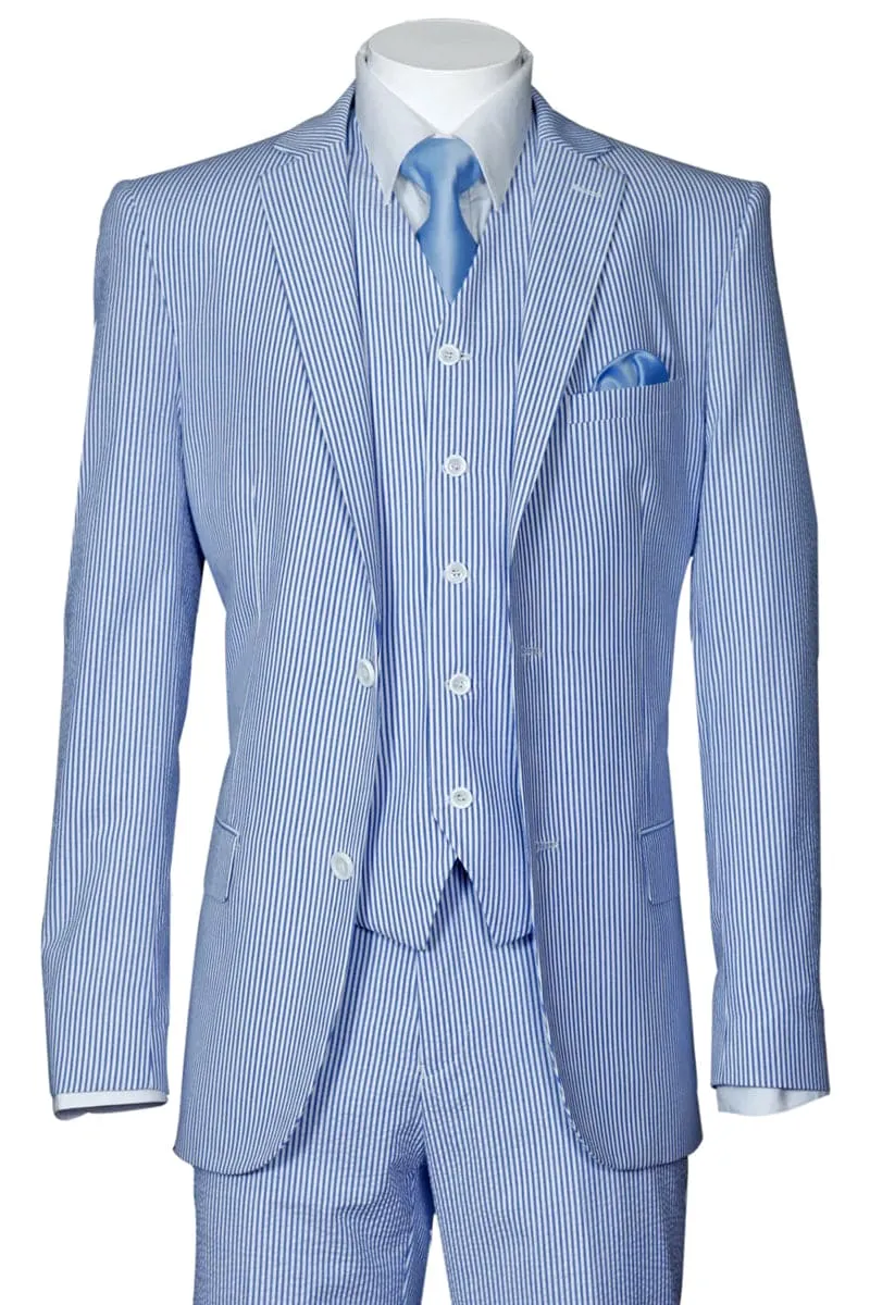 "Blue Seersucker Suit for Men - 2 Button Jacket + Pants Summer Style" sold by Alberto Nardoni