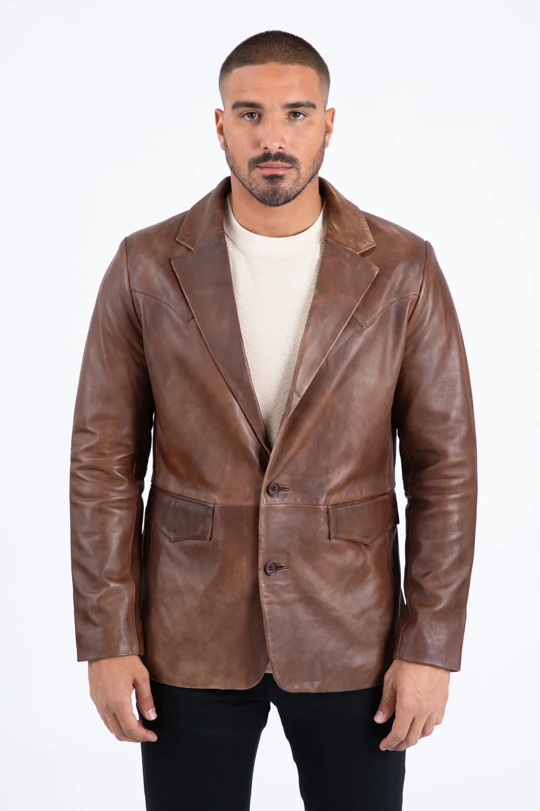 Mens Platini Western Leather Jacket Brown - Vintage Cowboy Style sold by Alberto Nardoni