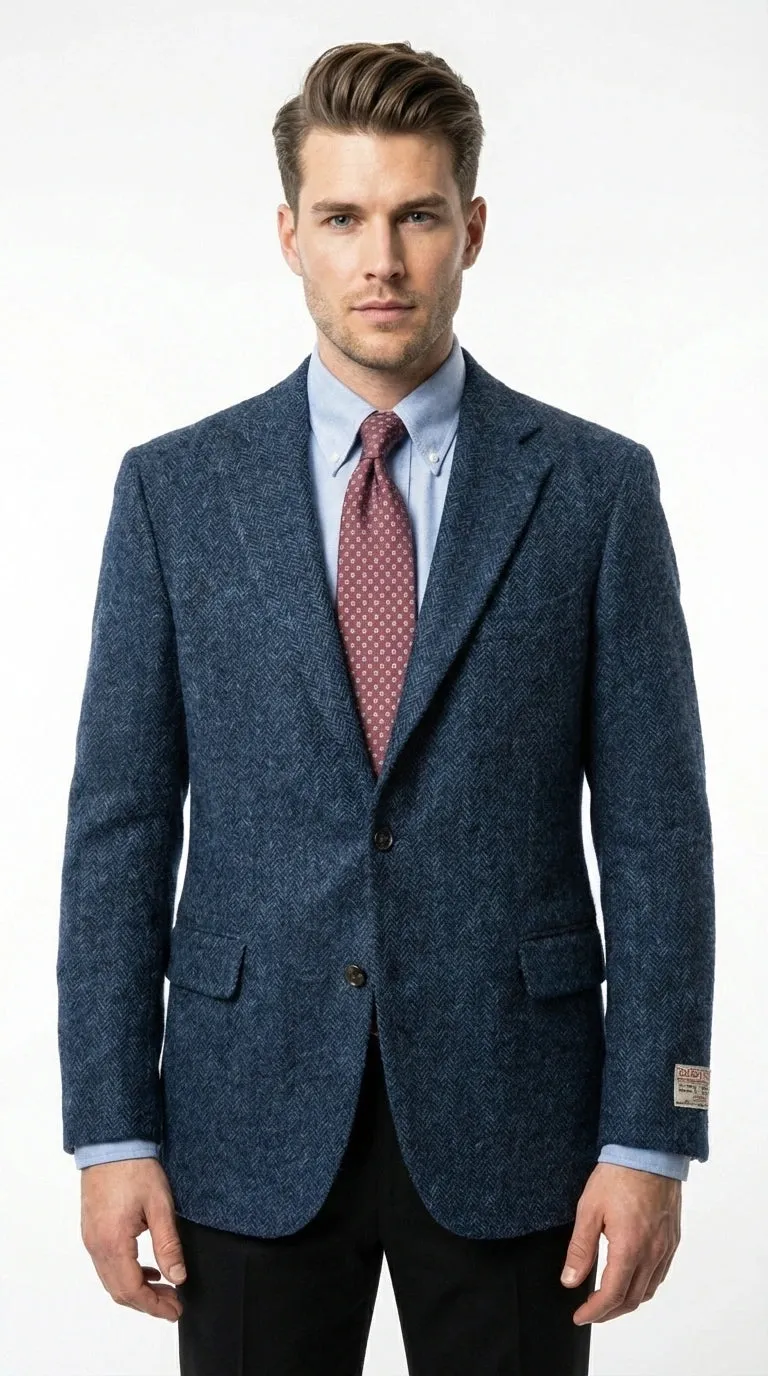 Mens Light Blue Tweed Blazer Sport Coat – Classic Herringbone Jacket Formal Business Casual Smart Outerwear in indigo cobalt blue sold by Alberto Nardoni product image thumbnail 5
