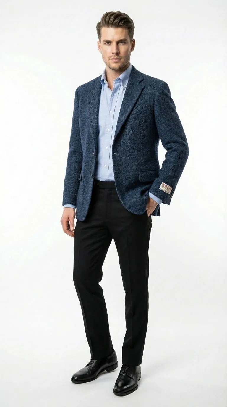 Mens Light Blue Tweed Blazer Sport Coat – Classic Herringbone Jacket Formal Business Casual Smart Outerwear in indigo cobalt blue sold by Alberto Nardoni product image thumbnail 3