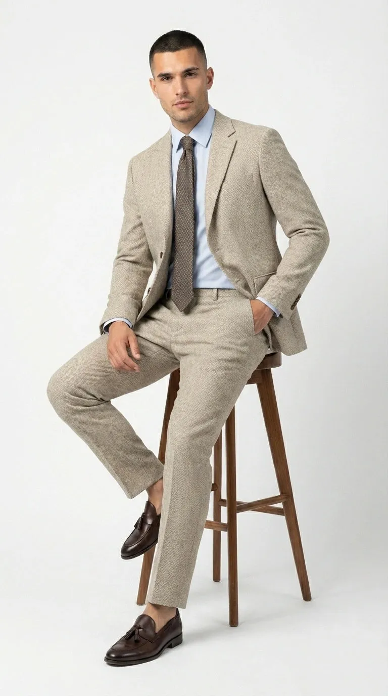 Men’s Light Tan Tweed Suit – Classic Beige Two Piece Suit, Herringbone Formal Wear, Vintage Style Business & Wedding Outfit for Men sold by Alberto Nardoni product image thumbnail 4