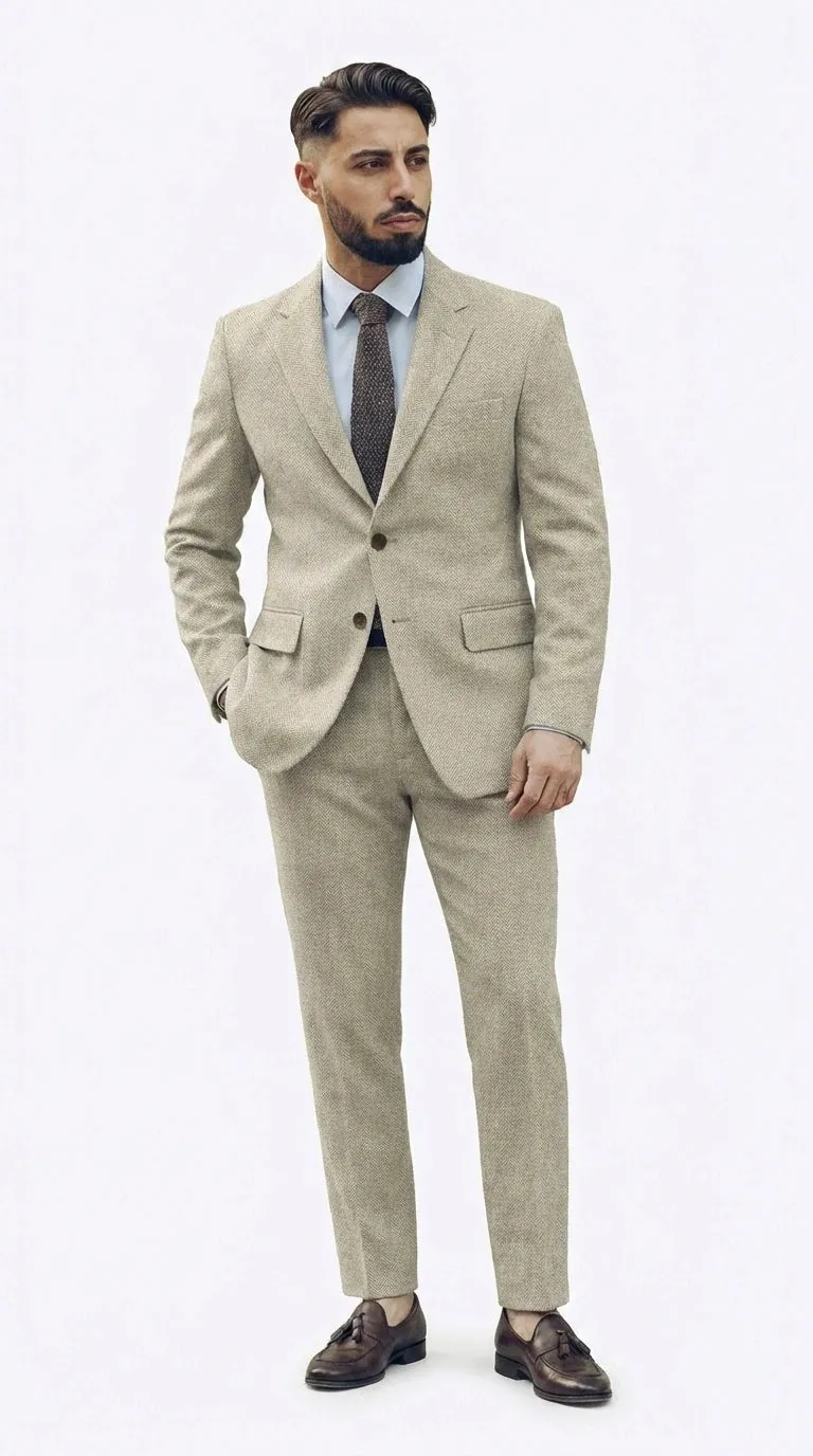 Men’s Light Tan Tweed Suit – Classic Beige Two Piece Suit, Herringbone Formal Wear, Vintage Style Business & Wedding Outfit for Men sold by Alberto Nardoni product image thumbnail 2