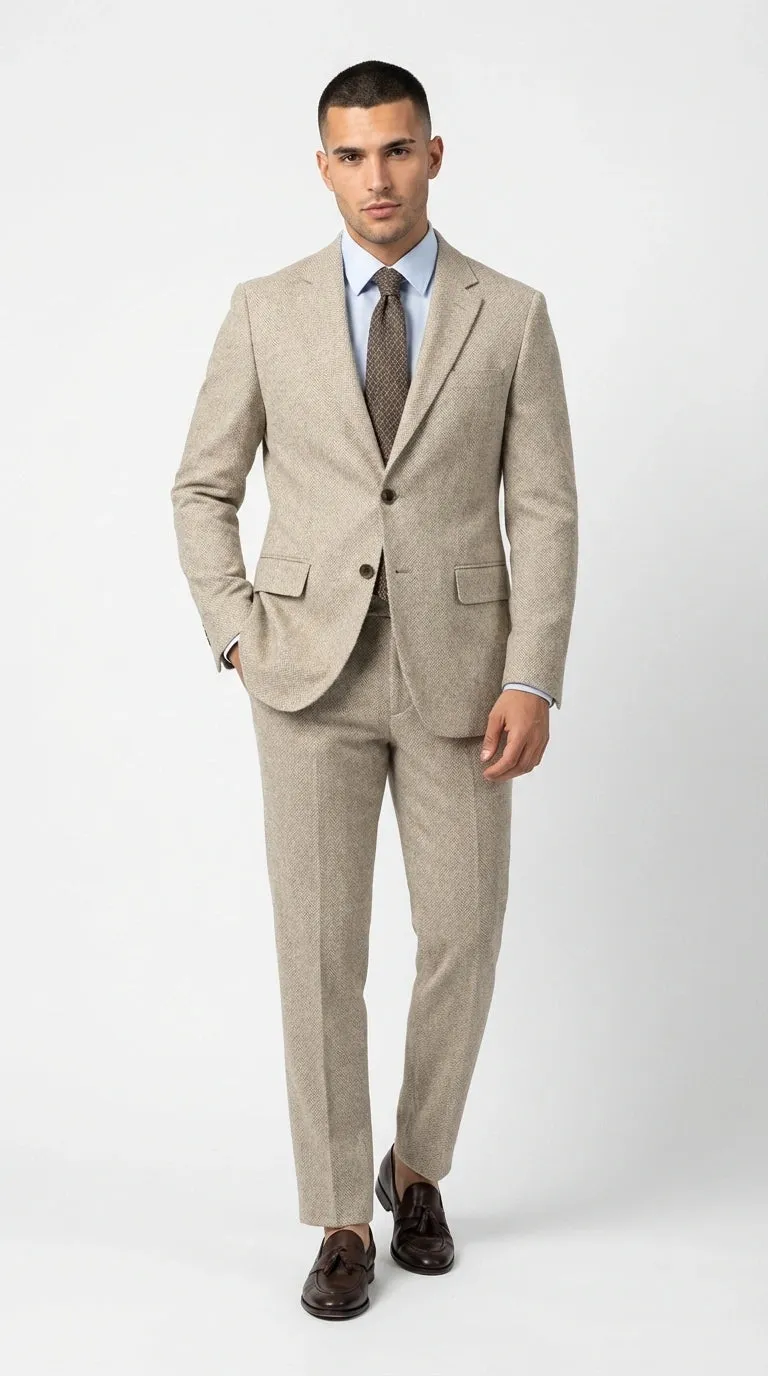 Men’s Light Tan Tweed Suit – Classic Beige Two Piece Suit, Herringbone Formal Wear, Vintage Style Business & Wedding Outfit for Men sold by Alberto Nardoni product image thumbnail 3