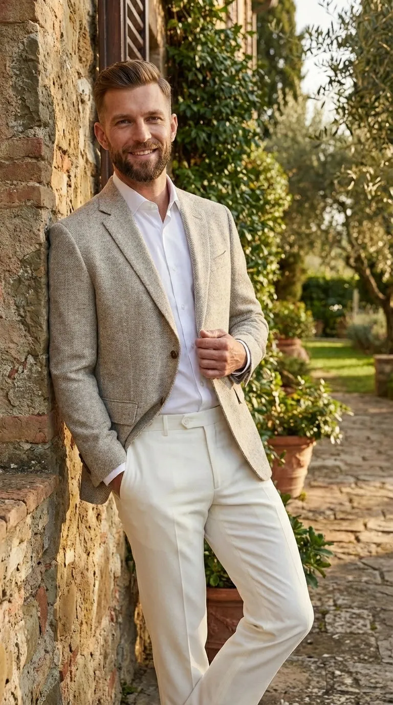 Men’s Light Tan Tweed Blazer – Classic Herringbone Sport Coat, Beige Casual Formal Jacket, Vintage Style Business & Smart Casual Wear sold by Alberto Nardoni