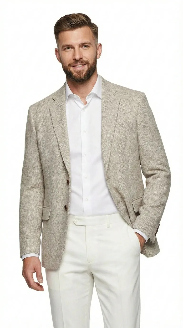 Men’s Light Tan Tweed Blazer – Classic Herringbone Sport Coat, Beige Casual Formal Jacket, Vintage Style Business & Smart Casual Wear sold by Alberto Nardoni product image thumbnail 3