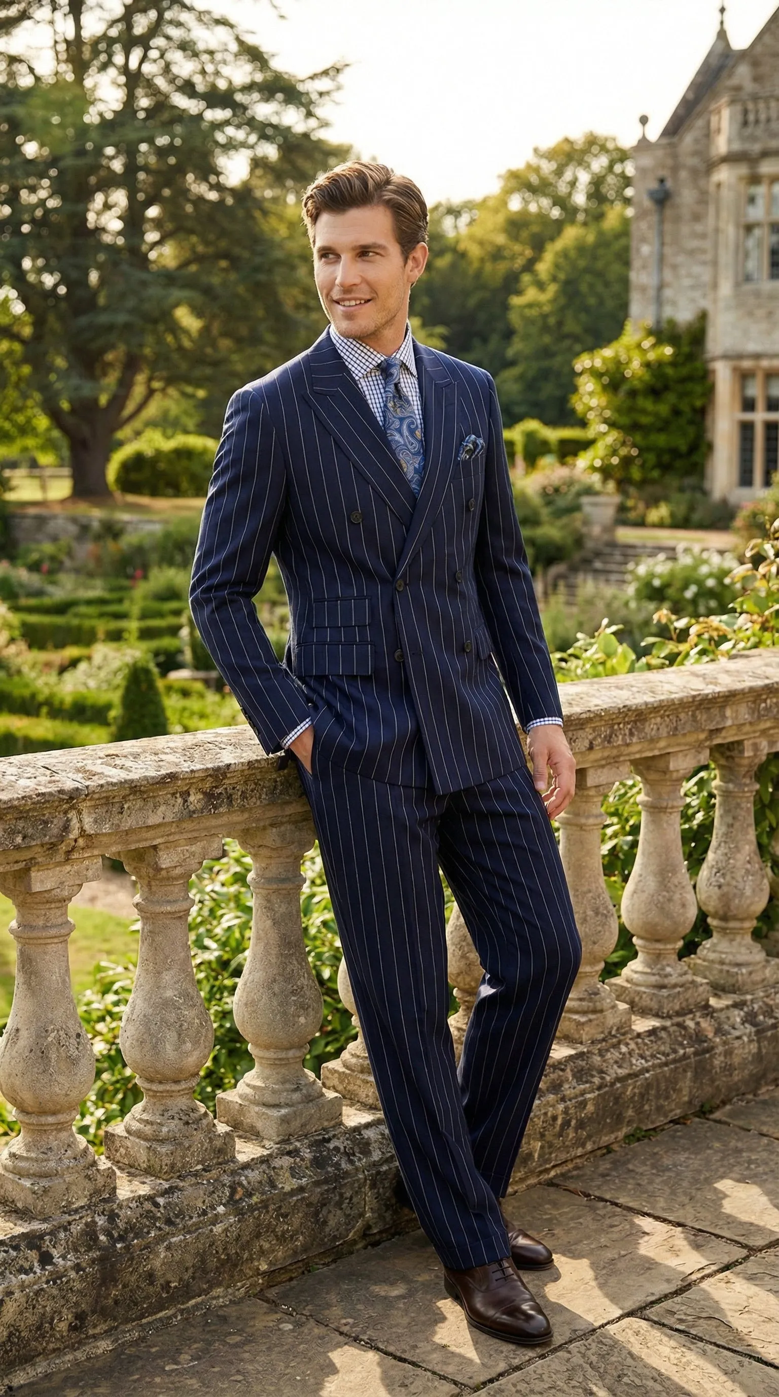 Men's Navy Blue Double Breasted Pinstripe Suit – Modern Fit sold by Alberto Nardoni product image thumbnail 5