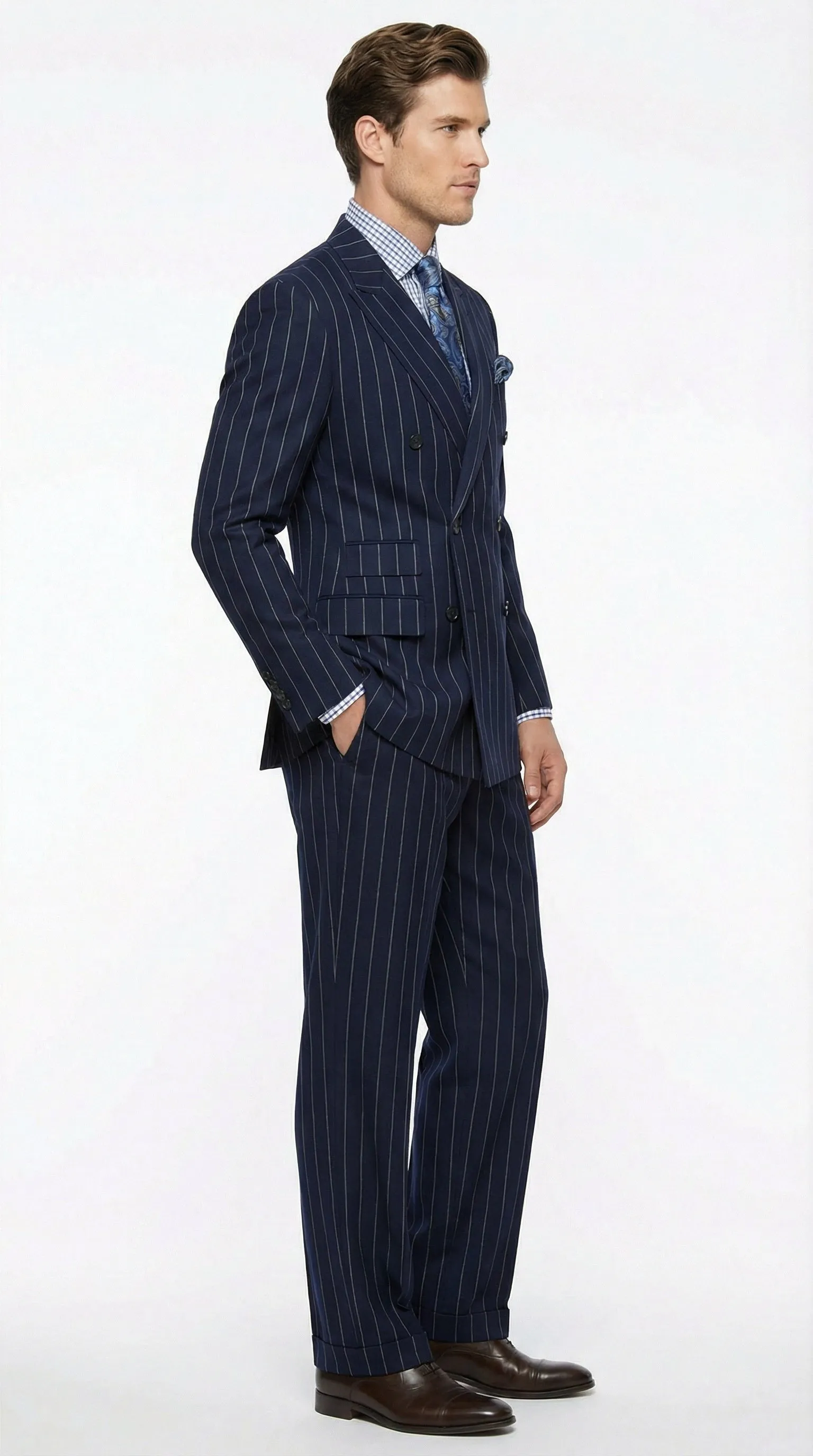Men's Navy Blue Double Breasted Pinstripe Suit – Modern Fit sold by Alberto Nardoni product image thumbnail 3
