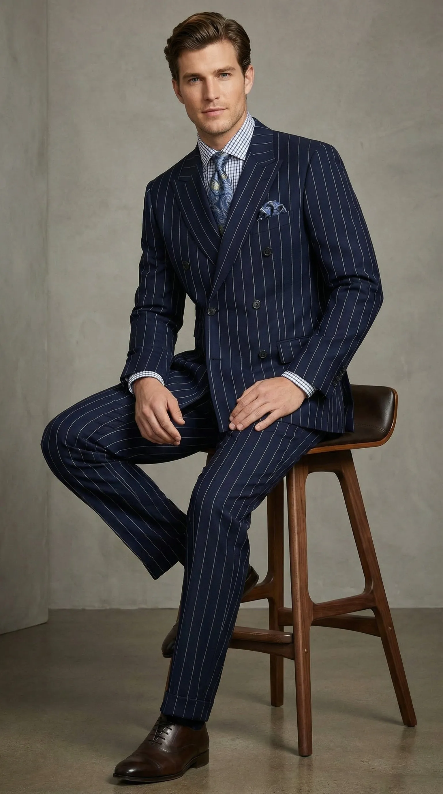 Men's Navy Blue Double Breasted Pinstripe Suit – Modern Fit sold by Alberto Nardoni product image thumbnail 4