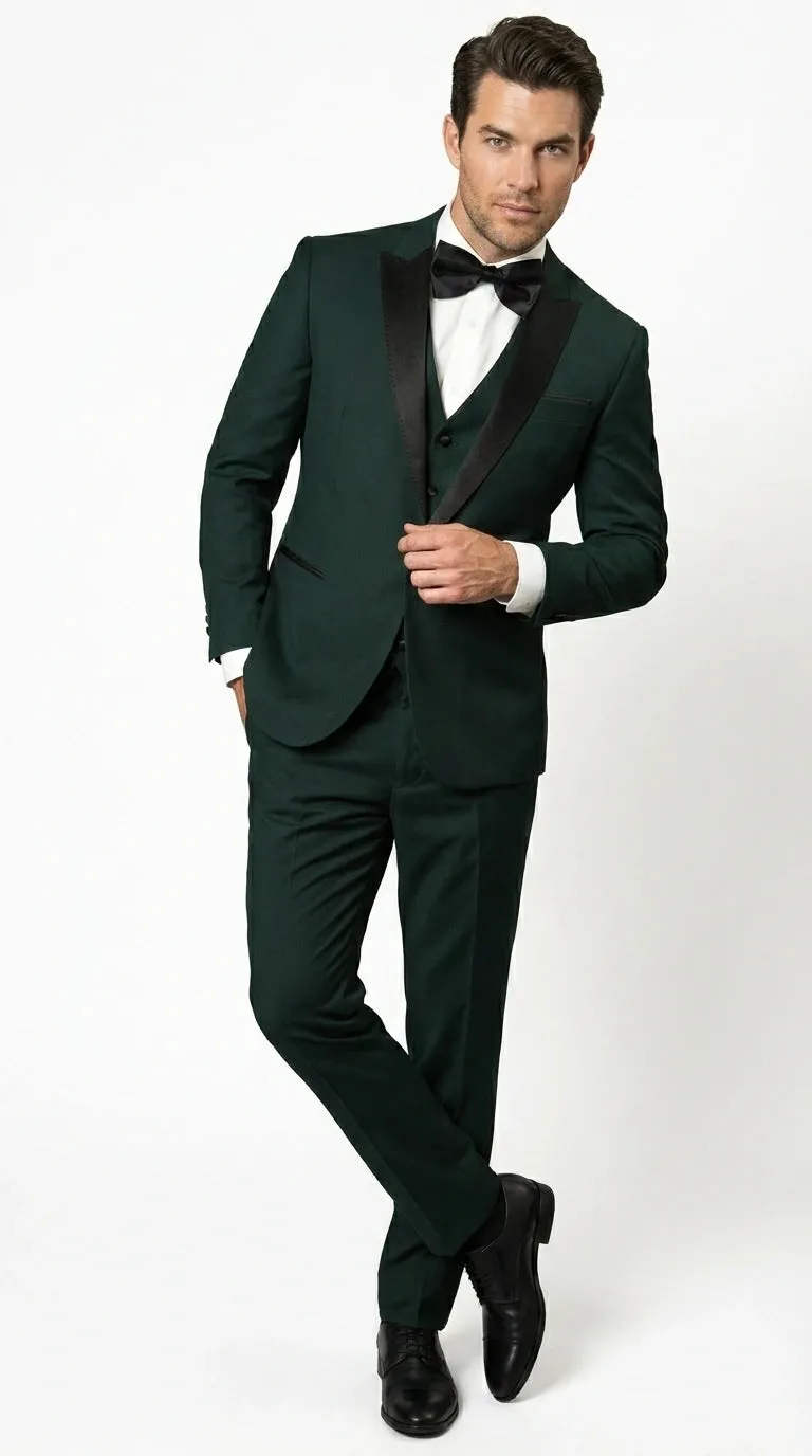 Men’s Hunter Green Tuxedo Suit 3 Piece – One Button Peak Lapel Designer Formal Suit for Wedding, Light Weight Wool By Statement Dark Green sold by Alberto Nardoni product image thumbnail 5