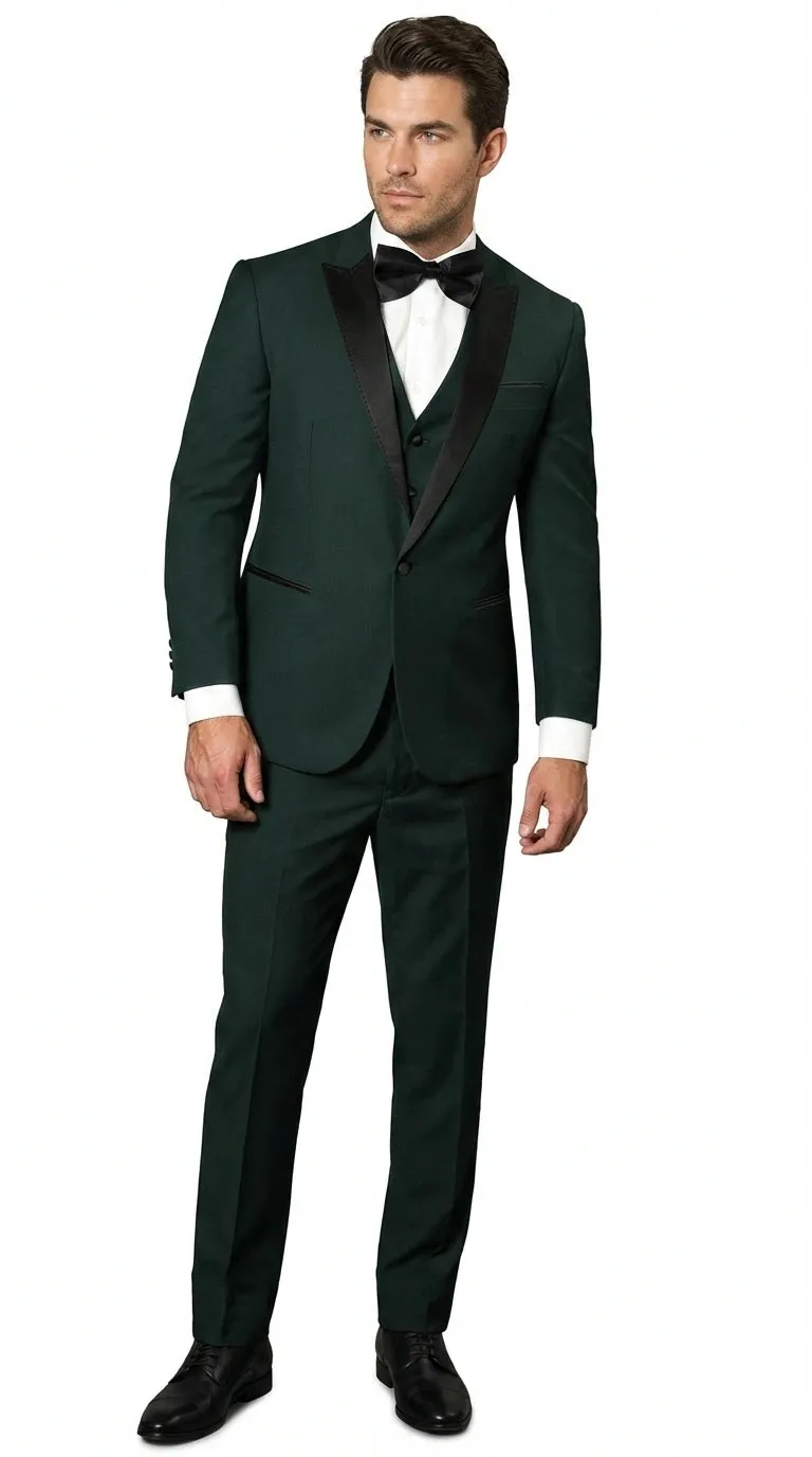 Men’s Hunter Green Tuxedo Suit 3 Piece – One Button Peak Lapel Designer Formal Suit for Wedding, Light Weight Wool By Statement Dark Green sold by Alberto Nardoni product image thumbnail 2