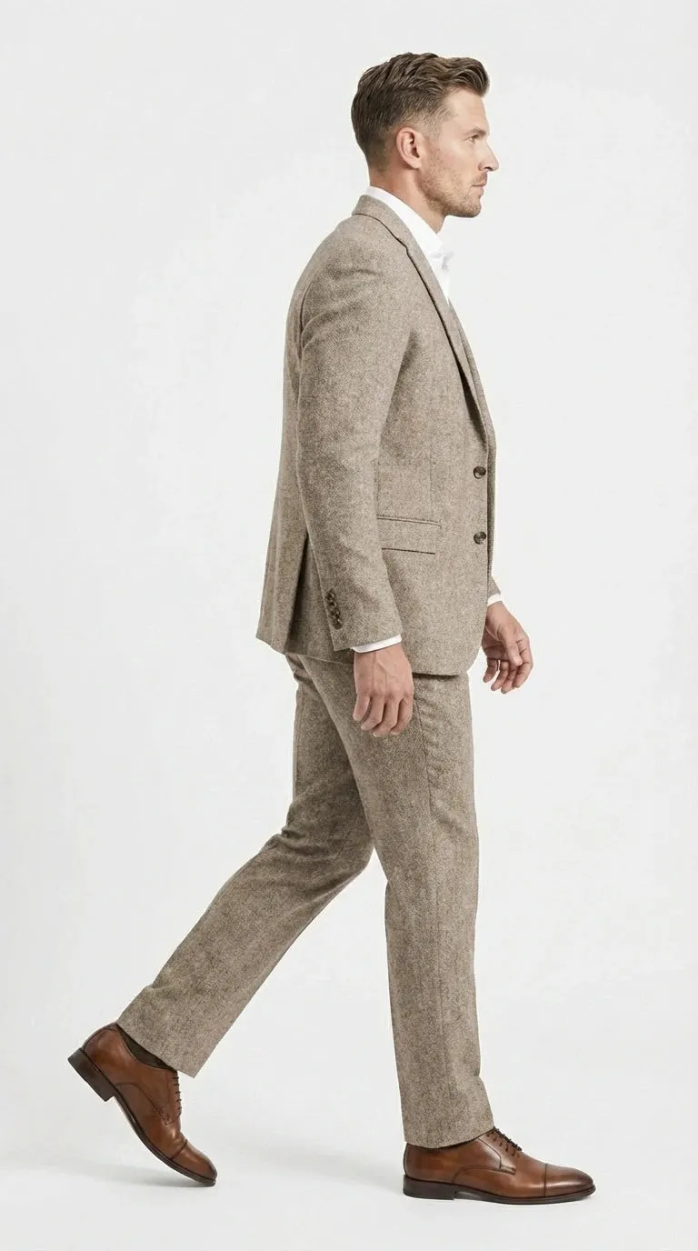 Men’s Light Beige Herringbone Tweed Suit with Vest – Classic Three Piece Formal Suit, Vintage Business Wedding Outfit, Elegant Smart Casual Attire sold by Alberto Nardoni product image thumbnail 5