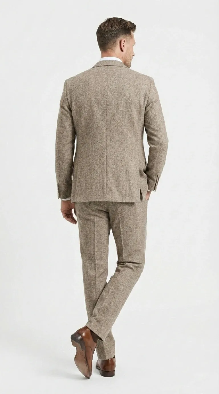 Men’s Light Beige Herringbone Tweed Suit with Vest – Classic Three Piece Formal Suit, Vintage Business Wedding Outfit, Elegant Smart Casual Wear sold by Alberto Nardoni product image thumbnail 4