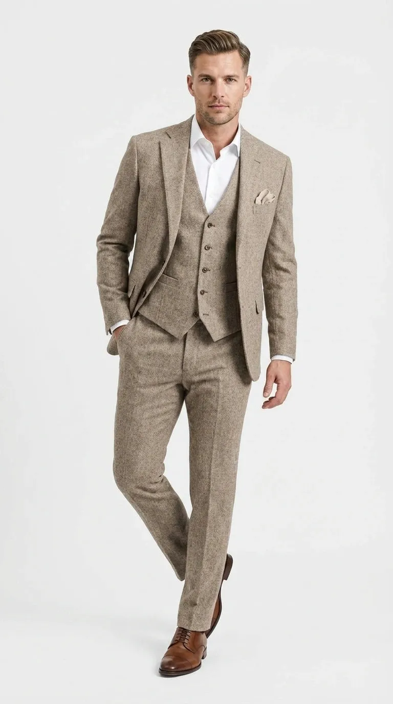 Men’s Light Beige Herringbone Tweed Suit with Vest – Classic Three Piece Formal Suit, Vintage Business Wedding Outfit, Elegant Smart Casual Wear sold by Alberto Nardoni product image thumbnail 2