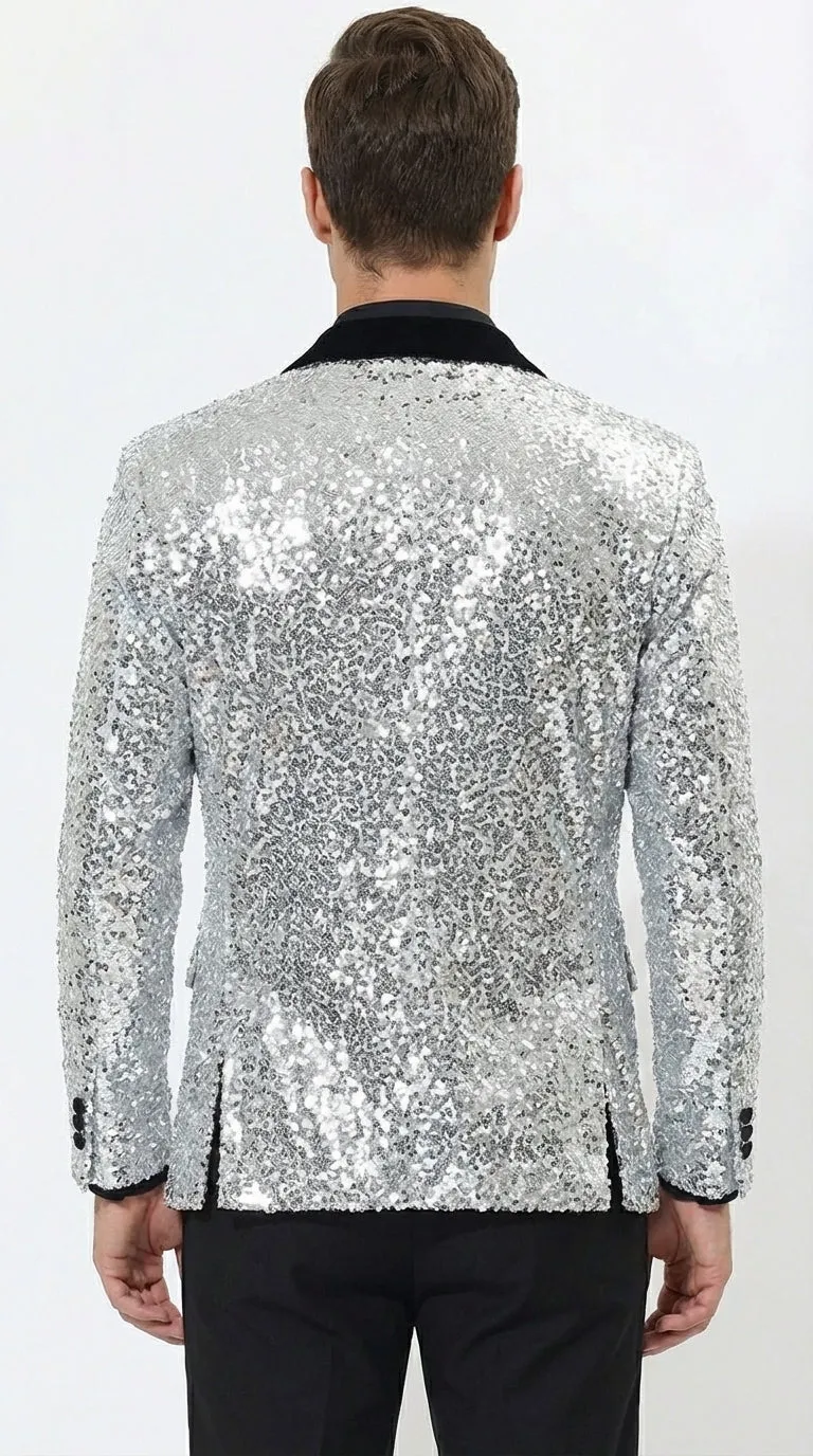 Men’s Silver Sequin Blazer Disco Style Jacket – Black Lapel Party Blazer, Shiny Evening Wear, 70s Dance Outfit, Formal Event Jacket sold by Alberto Nardoni product image thumbnail 4