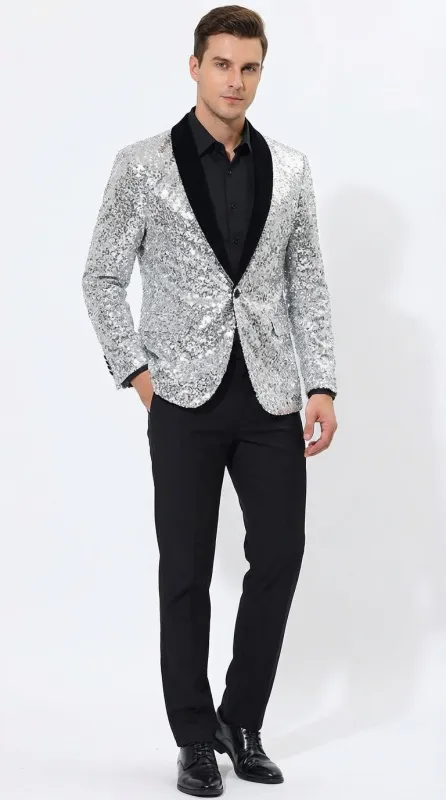 Men’s Silver Sequin Blazer Disco Style Jacket – Black Lapel Party Blazer, Shiny Evening Wear, 70s Dance Outfit, Formal Event Jacket made by Alberto Nardoni