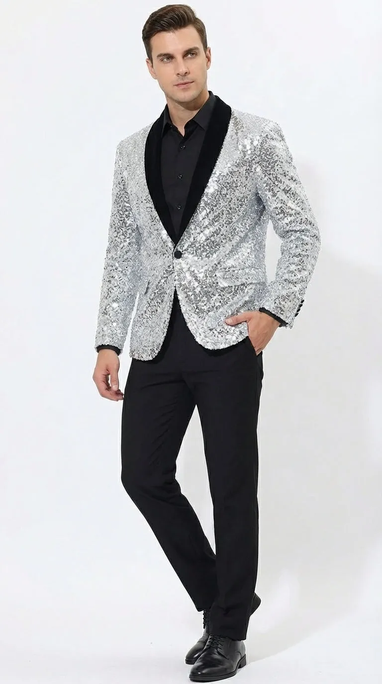 Men’s Silver Sequin Blazer Disco Style Jacket – Black Lapel Party Blazer, Shiny Evening Wear, 70s Dance Outfit, Formal Event Jacket sold by Alberto Nardoni product image thumbnail 2