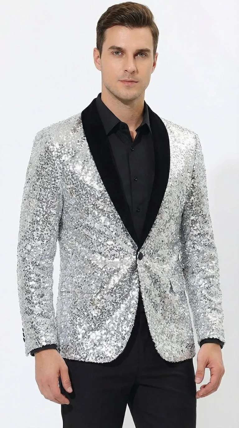 Men’s Silver Sequin Blazer Disco Style Jacket – Black Lapel Party Blazer, Shiny Evening Wear, 70s Dance Outfit, Formal Event Jacket sold by Alberto Nardoni product image thumbnail 3