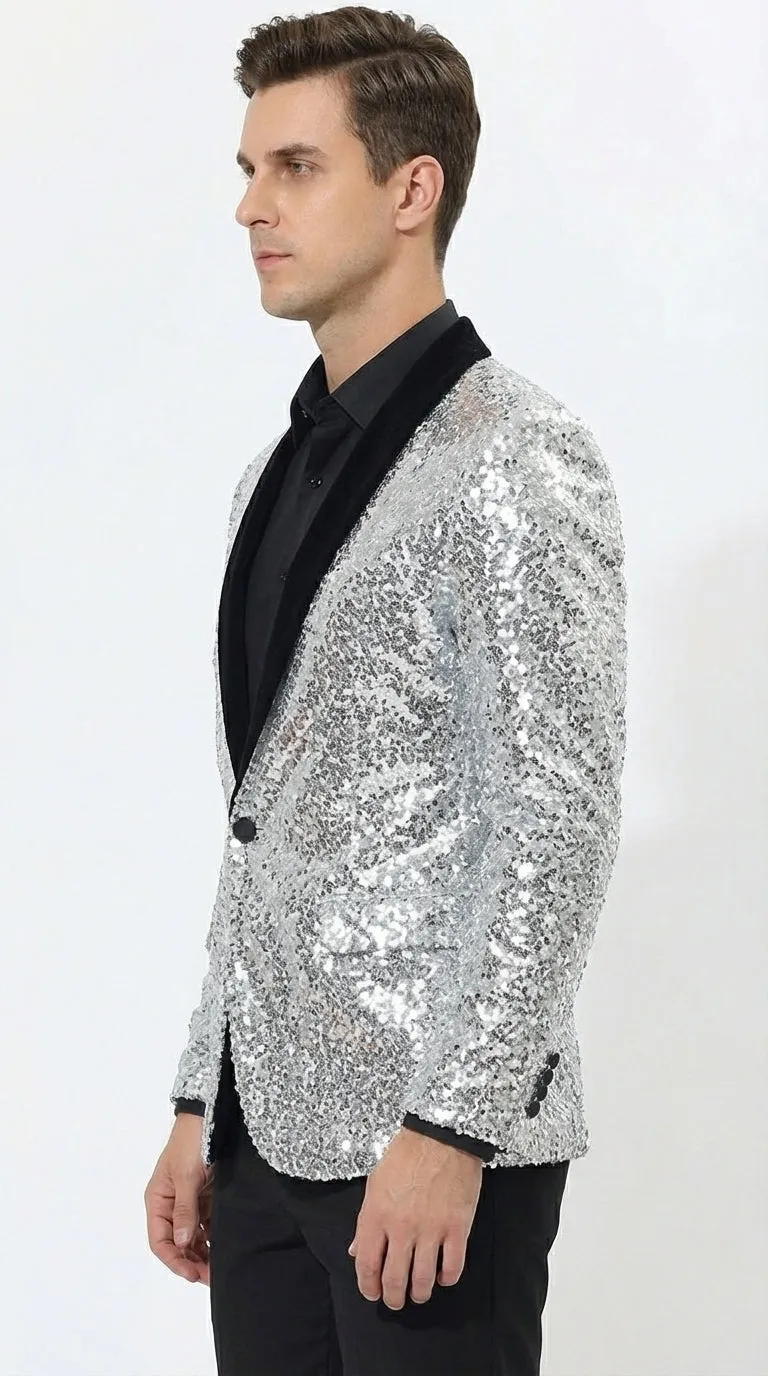 Men’s Silver Sequin Blazer Disco Style Jacket – Black Lapel Party Blazer, Shiny Evening Wear, 70s Dance Outfit, Formal Event Jacket sold by Alberto Nardoni product image thumbnail 5