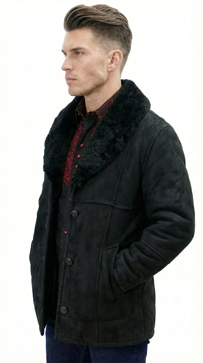 Men’s Black Sheepskin Leather Jacket Cowboy – Warm Faux Fur Collar Coat, Winter Long Jacket, Casual Western Style Outerwear sold by Alberto Nardoni product image thumbnail 4