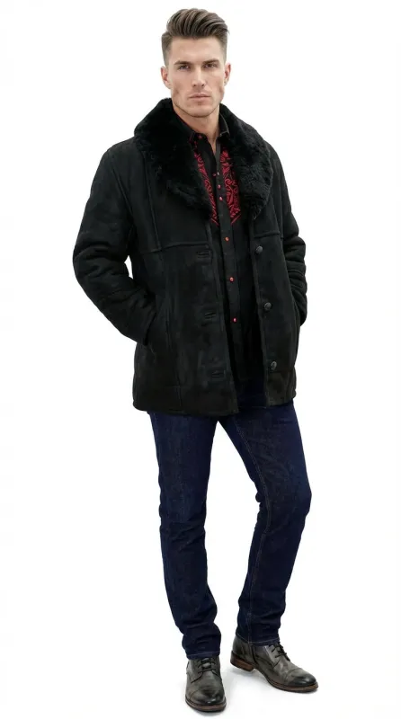 Men’s Black Sheepskin Leather Jacket Cowboy – Warm Faux Fur Collar Coat, Winter Long Jacket, Casual Western Style Outerwear made by Alberto Nardoni