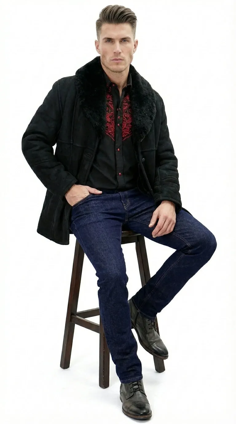 Men’s Black Sheepskin Leather Jacket Cowboy – Warm Faux Fur Collar Coat, Winter Long Jacket, Casual Western Style Outerwear sold by Alberto Nardoni product image thumbnail 5