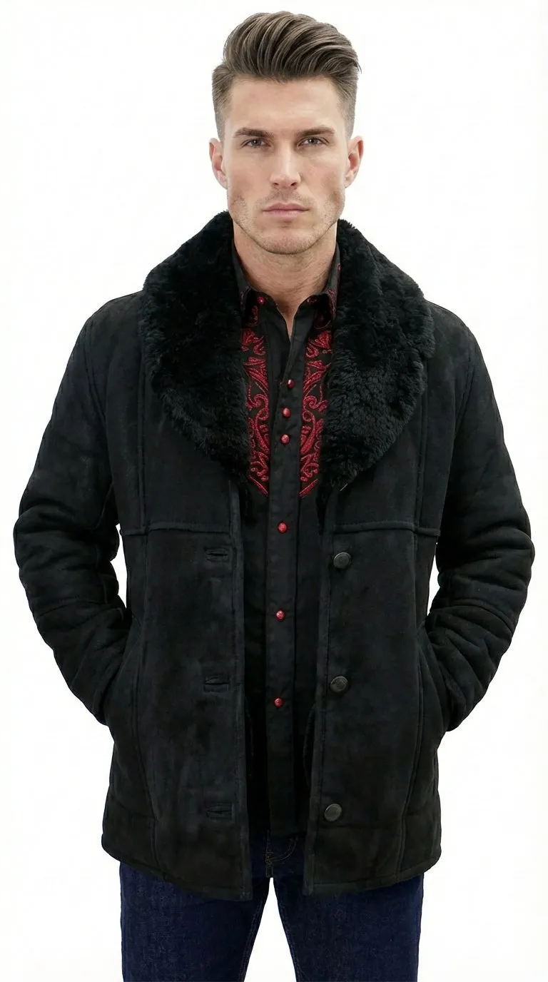 Men’s Black Sheepskin Leather Jacket Cowboy – Warm Faux Fur Collar Coat, Winter Long Jacket, Casual Western Style Outerwear sold by Alberto Nardoni product image thumbnail 3