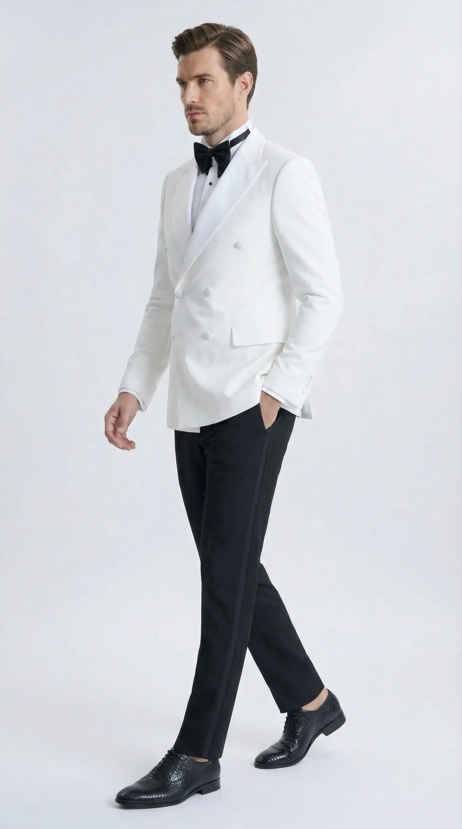 Mens White Double Breasted Dinner Jacket with Black Pants – Formal Tuxedo Set sold by Alberto Nardoni product image thumbnail 3