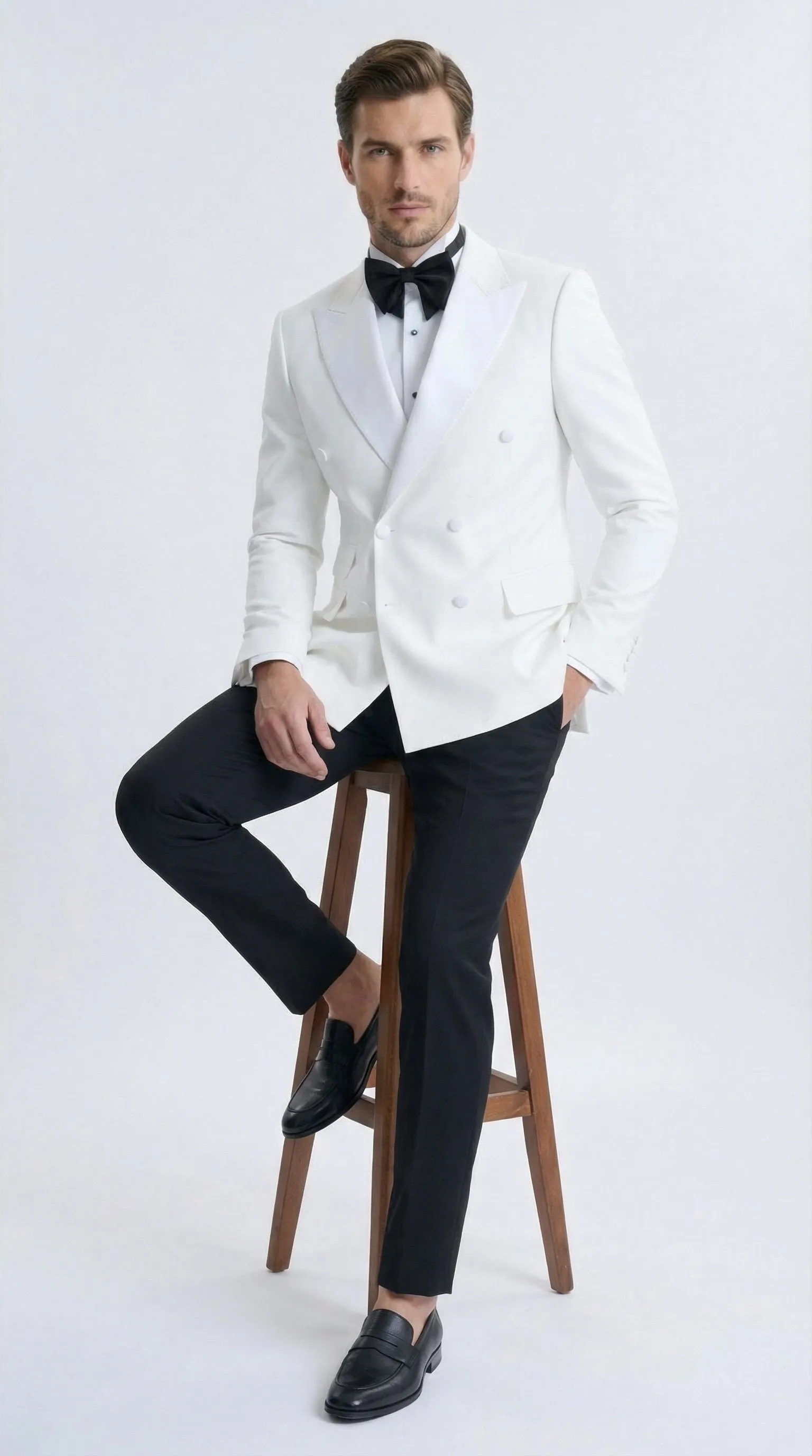 Mens White Double Breasted Dinner Jacket with Black Pants – Formal Tuxedo Set sold by Alberto Nardoni product image thumbnail 4