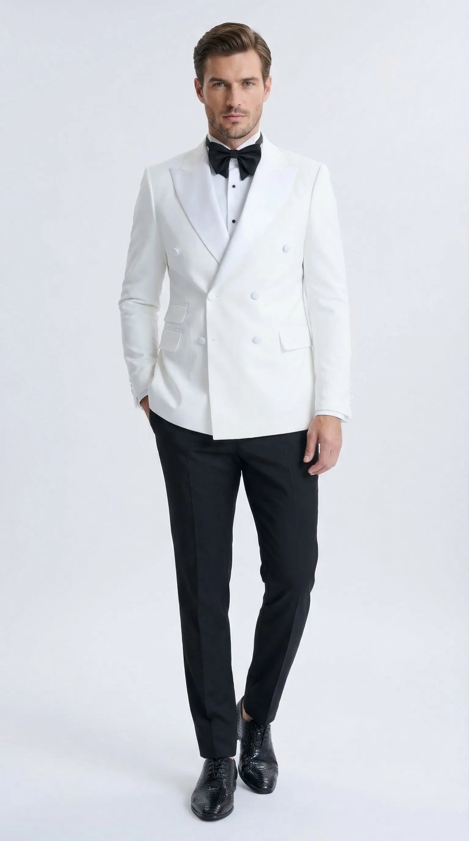 Mens White Double Breasted Dinner Jacket with Black Pants – Formal Tuxedo Set sold by Alberto Nardoni
