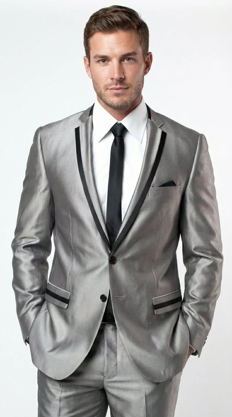 Men’s Silver Sharkskin Tuxedo Suit with Black Piping – Shiny Two Button Formal Suit for Wedding, Prom and Party Wear sold by Alberto Nardoni product image thumbnail 5