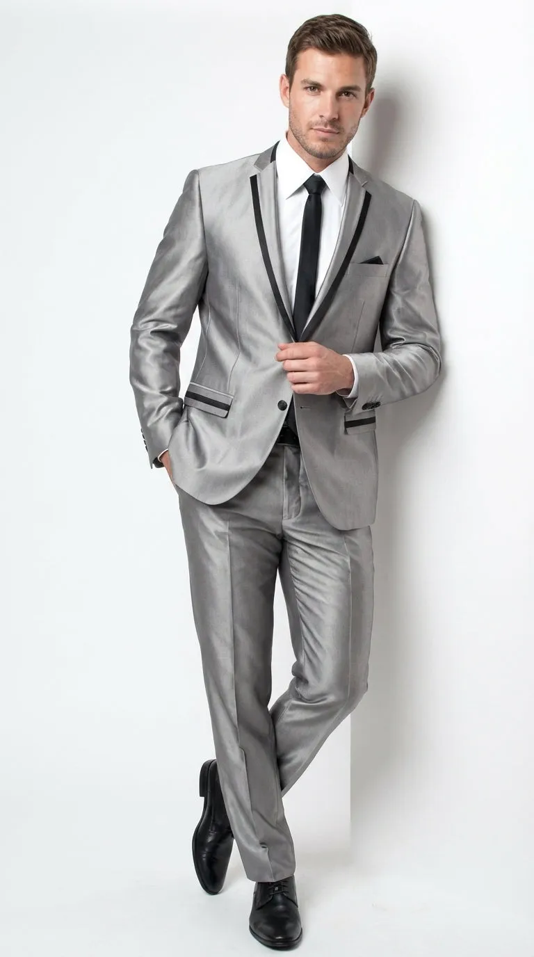 Men’s Silver Sharkskin Tuxedo Suit with Black Piping – Shiny Two Button Formal Suit for Wedding, Prom and Party Wear sold by Alberto Nardoni product image thumbnail 3