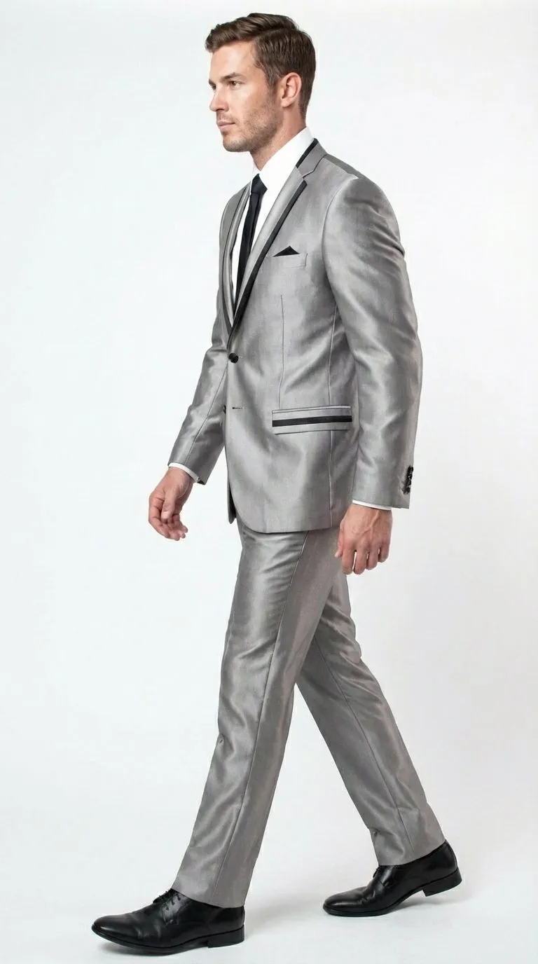 Men’s Silver Sharkskin Tuxedo Suit with Black Piping – Shiny Two Button Formal Suit for Wedding, Prom and Party Wear sold by Alberto Nardoni product image thumbnail 4