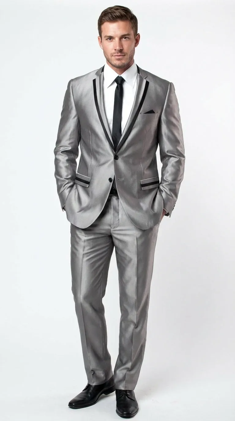 Men’s Silver Sharkskin Tuxedo Suit with Black Piping – Shiny Two Button Formal Suit for Wedding, Prom and Party Wear sold by Alberto Nardoni