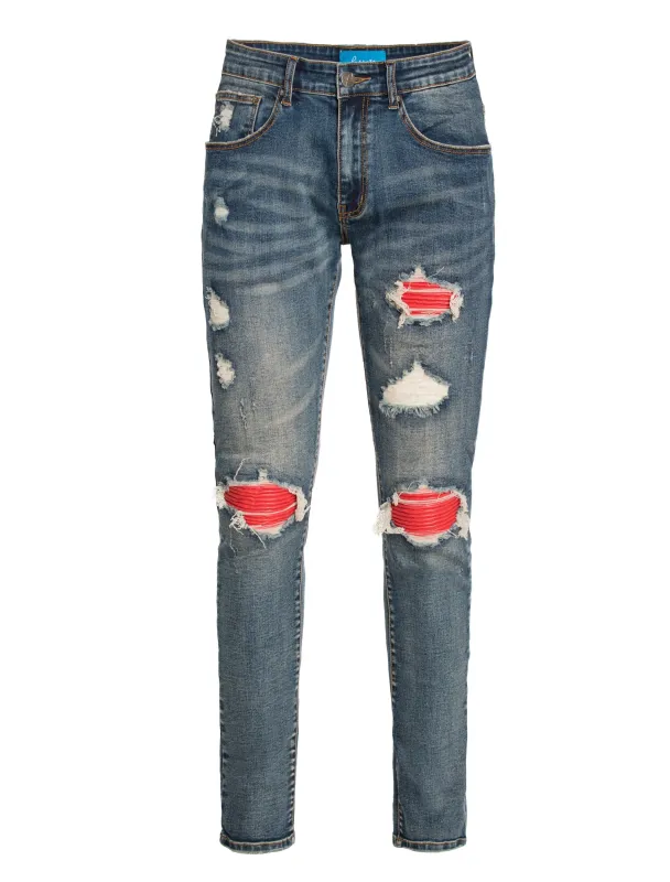 PX Indigo denim , quilted red patches made by Alberto Nardoni