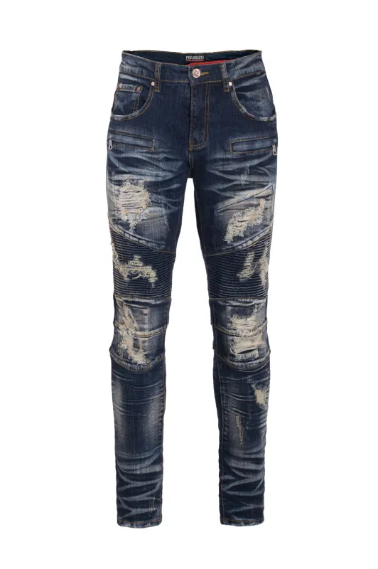 Distressed Moto Jeans in demin made by Alberto Nardoni