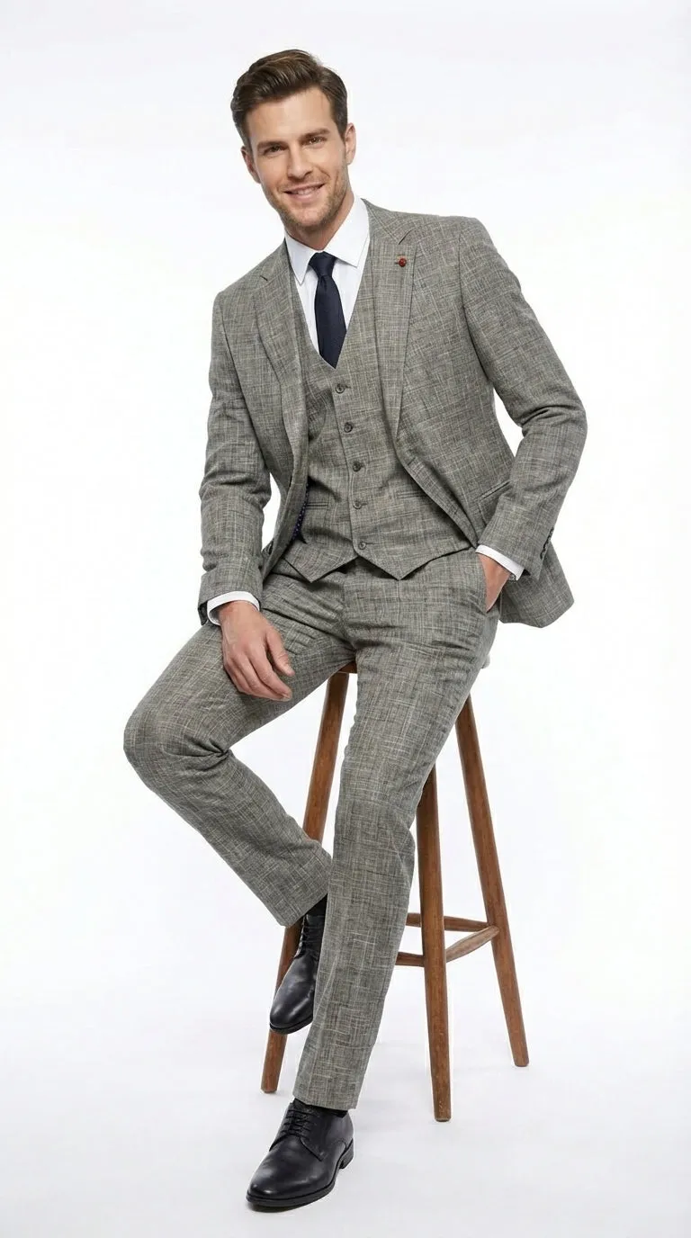 Vitali Brand Men’s Grey Textured Patterned 3 Piece Suit – Modern Fit Checkered Sharkskin with Blazer, Vest & Trousers, Business Wedding sold by Alberto Nardoni product image thumbnail 3