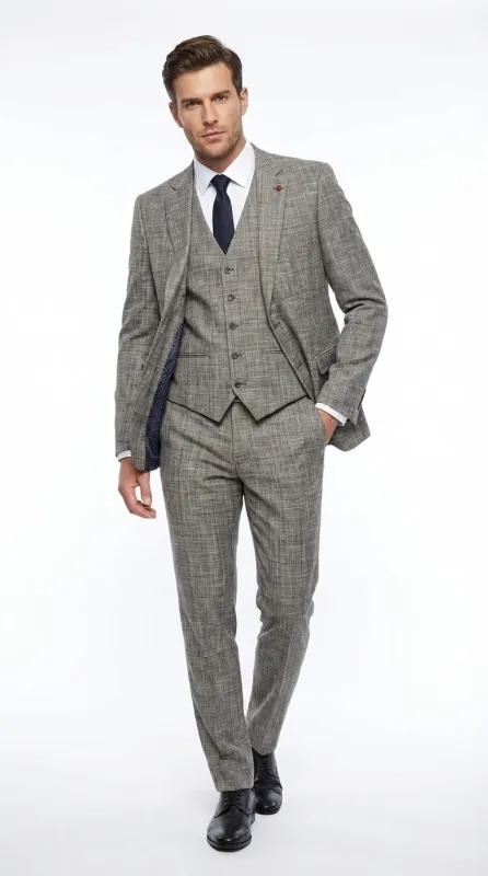 Vitali Brand Men’s Grey Textured Patterned 3 Piece Suit – Modern Fit Checkered Sharkskin with Blazer, Vest & Trousers, Business Wedding made by Alberto Nardoni
