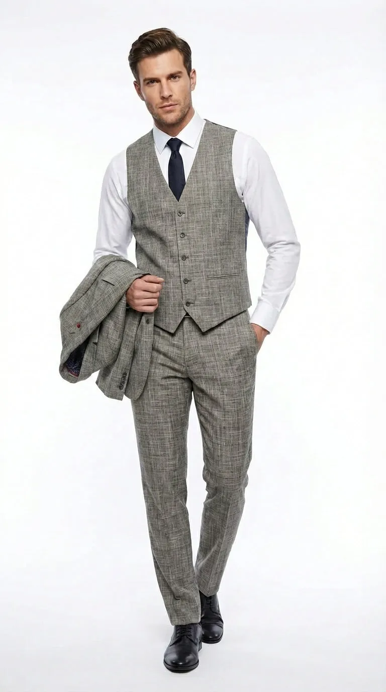 Vitali Brand Men’s Grey Textured Patterned 3 Piece Suit – Modern Fit Checkered Sharkskin with Blazer, Vest & Trousers, Business Wedding sold by Alberto Nardoni product image thumbnail 5