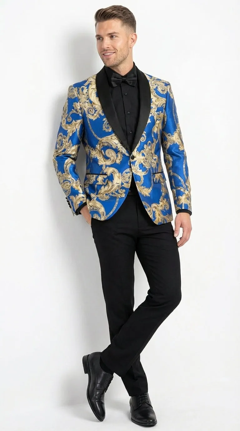 Men’s Royal Blue and Gold Blazer Jacket – Luxury Floral Pattern Tuxedo Blazer, Formal Party Wedding Dinner Jacket, Stylish Evening Wear sold by Alberto Nardoni product image thumbnail 5
