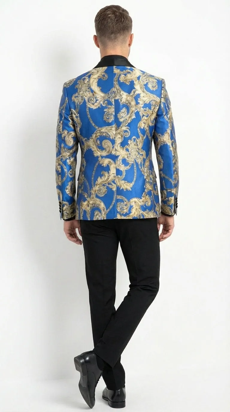 Men’s Royal Blue and Gold Blazer Jacket – Luxury Floral Pattern Tuxedo Blazer, Formal Party Wedding Dinner Jacket, Stylish Evening Wear sold by Alberto Nardoni product image thumbnail 2